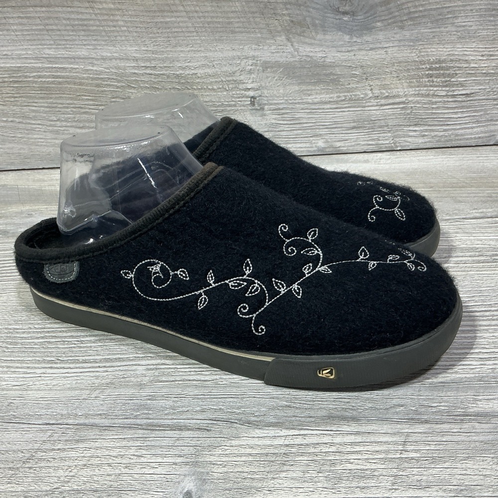 Keen Trillium Black Wool Felt Shoes Women Size 10 Mule Slip On Embroidered
